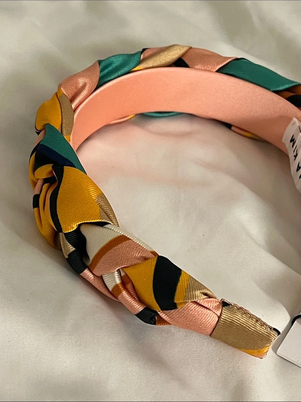 Eugenia Kim | Braided Satin Headband in Pink, Yellow & Teal